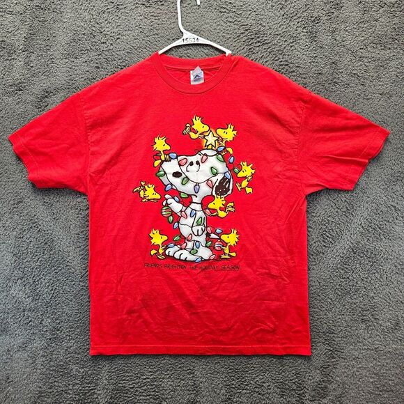 Peanuts Snoopy Christmas T-Shirt Adult XL Red Short Sleeve Crewneck Vintage 90s - Picture 1 of 9
